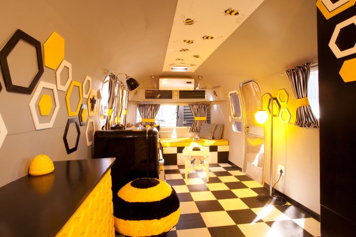 Bee room themed park trailer luxury living daddy mac old africa south interior hotel design yellow honey transforms cozy designer